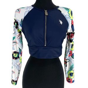 U.S. Polo Assn. Juniors L Long Sleeve Zip Cropped Rash Gard Navy White Floral